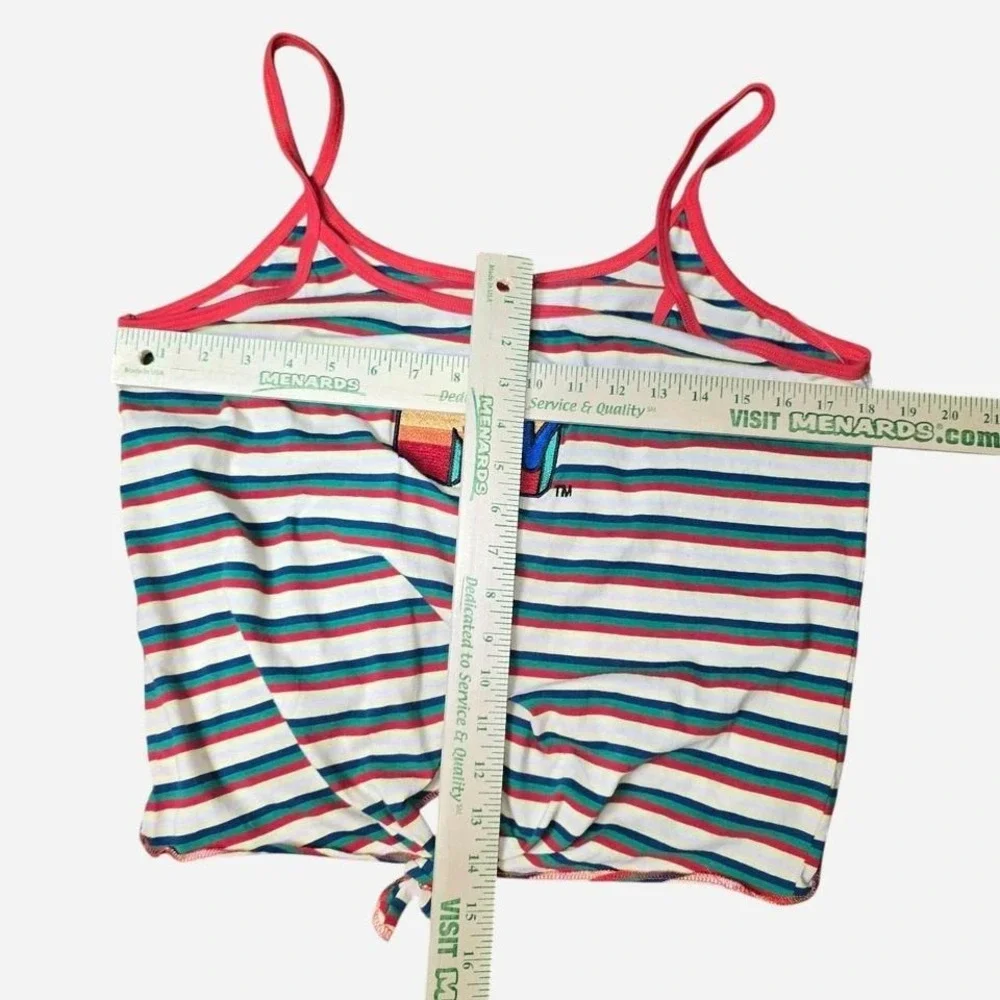 MTV‎ Logo Striped Tank Top Womens Size Large Rainbow Graphic Tie Front Camisole